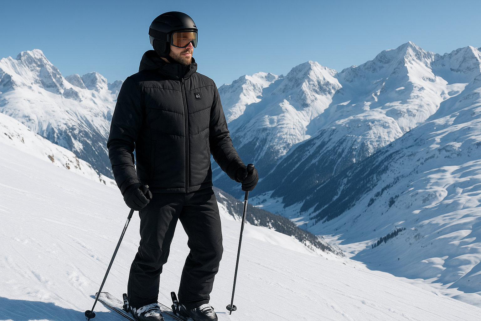 En mann som står på ski på fjellet med fin fjell bakgrunn med snø, mannen har på seg en eletrisk varmejakke med knapp på