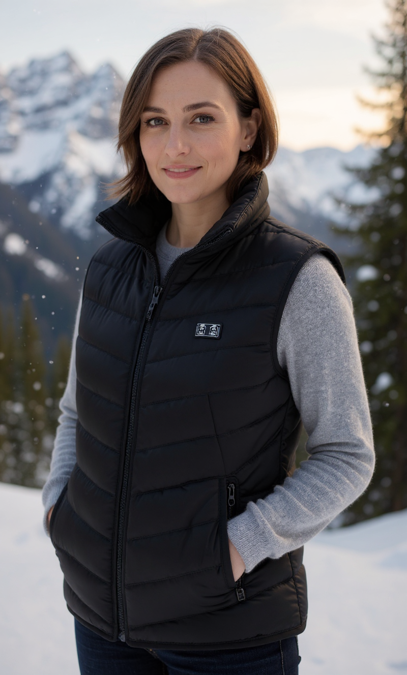Woman wearing a black puffer vest with a logo in a snowy mountain landscape